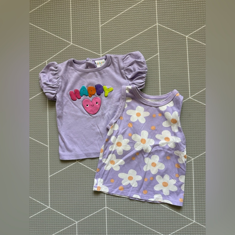 Lila & Jack|Baby girl/toddler set of tees,”Happy" Puff Sleeve Tee & Daisy Tank•